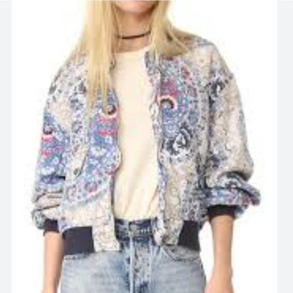Free People Jackets & Blazers - Free People Size XS Womens Paisley Boho Long Sleeve Full Zip Bomber Jacket Blue